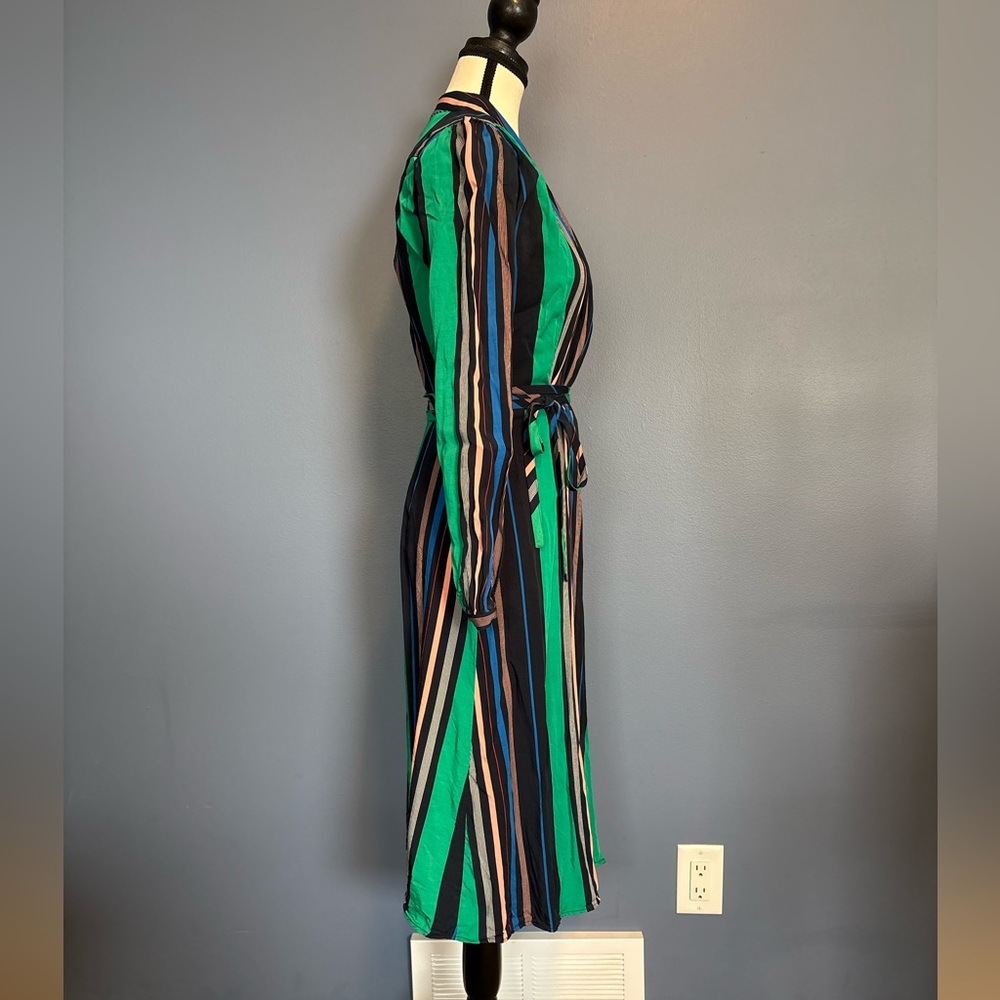 Navy Pinstriped Wrap Midi Dress w/ Belt | Deep V | Long Sleeve | XS - Picture 4 of 10